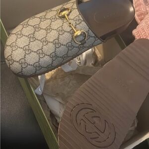 Gucci Women's Monogram Beige and Brown Mules with Gold Detail
